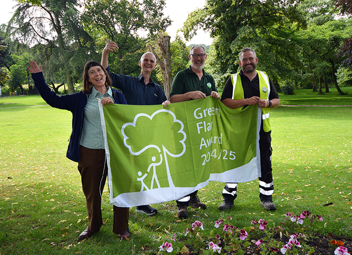 In Ashbourne Park (from left): The District Council’s Community Development Officer Emma Mortimer, Joint Deputy Council Leader Cllr Neil Buttle and Steve and Paul from the Clean & Green Team 