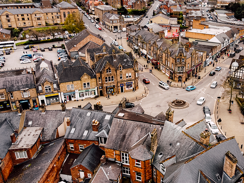 Drone shot of Matlock Town Centre including the Town Hall