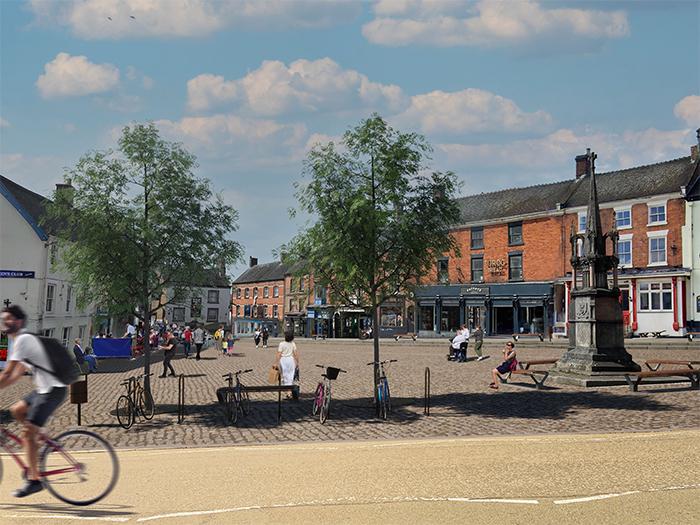 Artists impression of how the Market Place could look, pedestrianised and with new trees planted