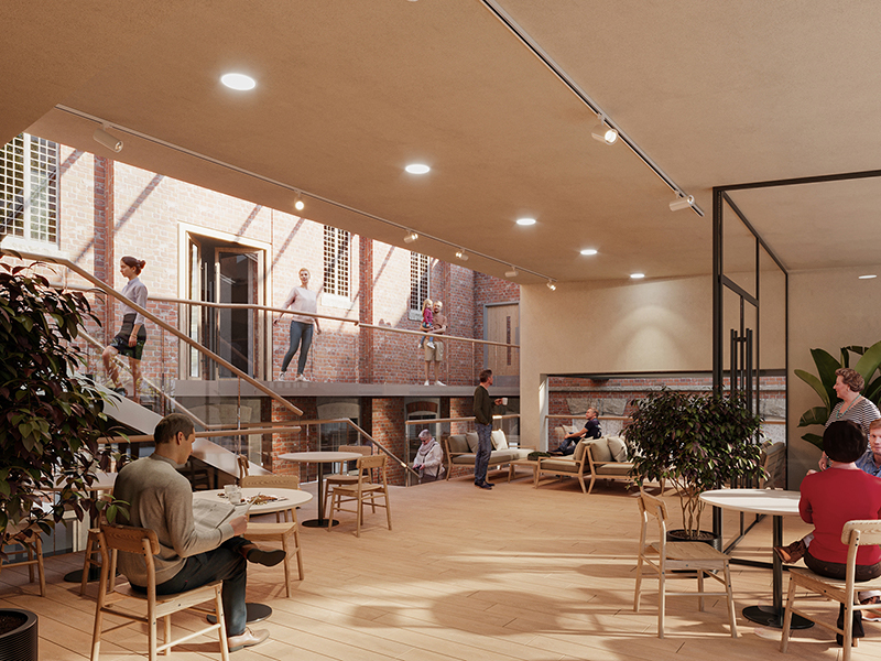 Artists impression of the interior of the new Link building, an airy space with glass wall, spotlights above and seating areas with tables